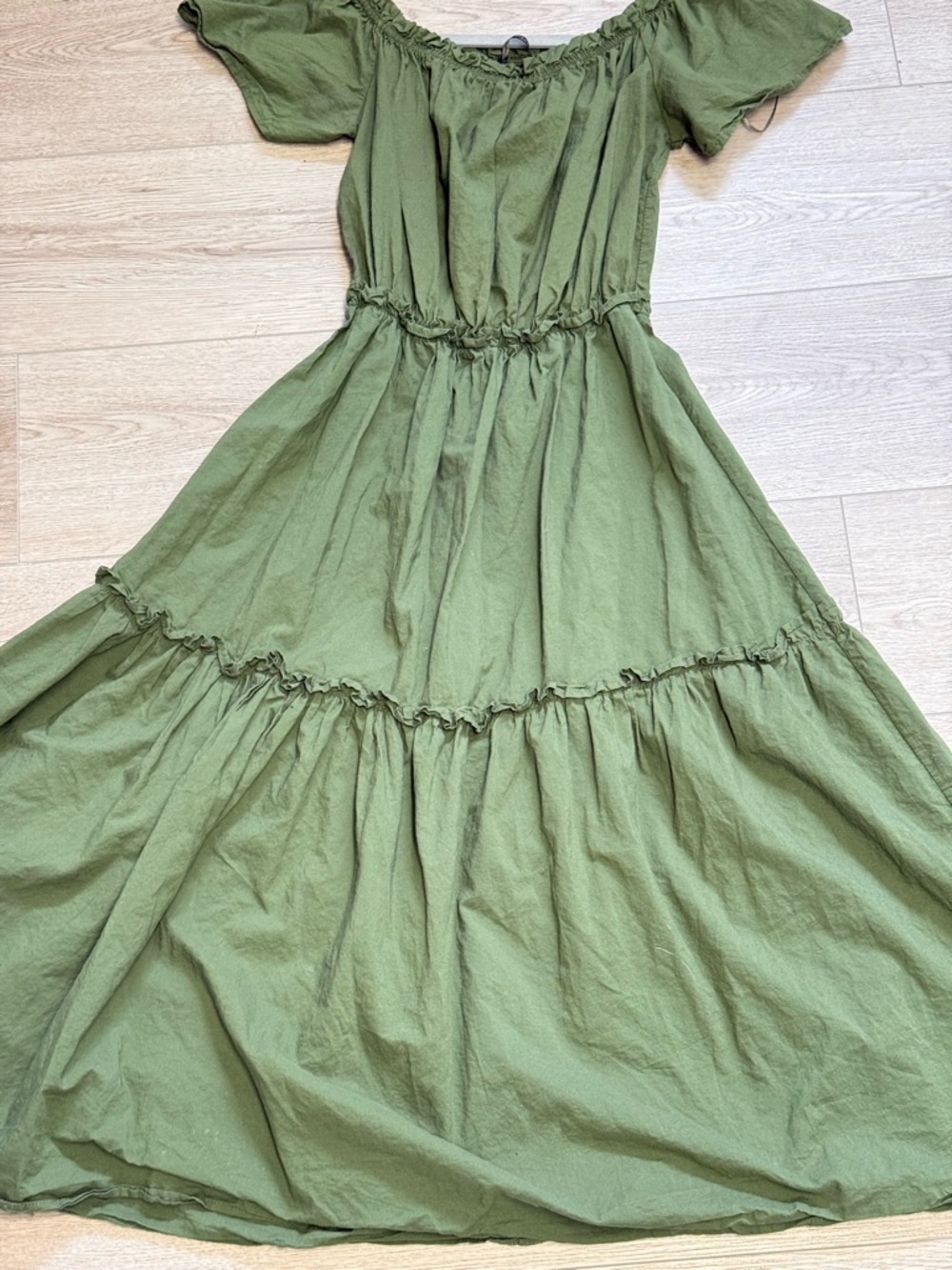 Avinranda Olive Green Tiered Off-Shoulder Women's Dress Sz.S Resortwear